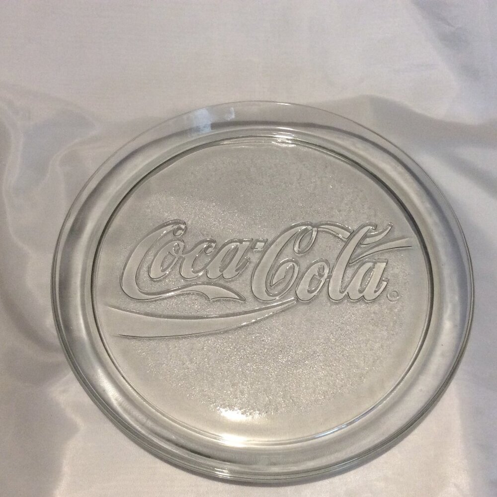 1990 COCA-COLA Clear Glass Embossed 13 inch Round Serving Tray Platter Vintage